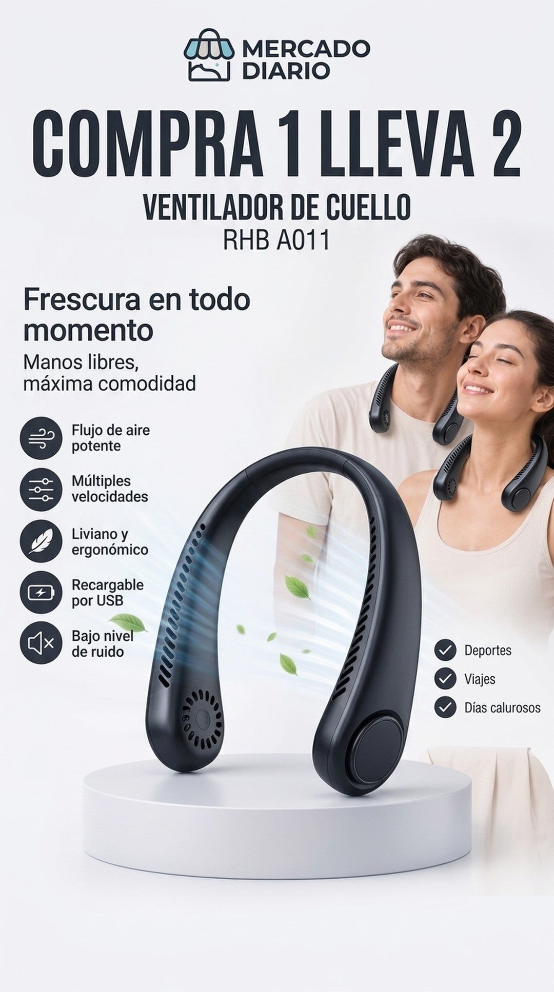 Ventilador de Cuello Portátil Manos Libres Recargable USB (Sin Aspas)