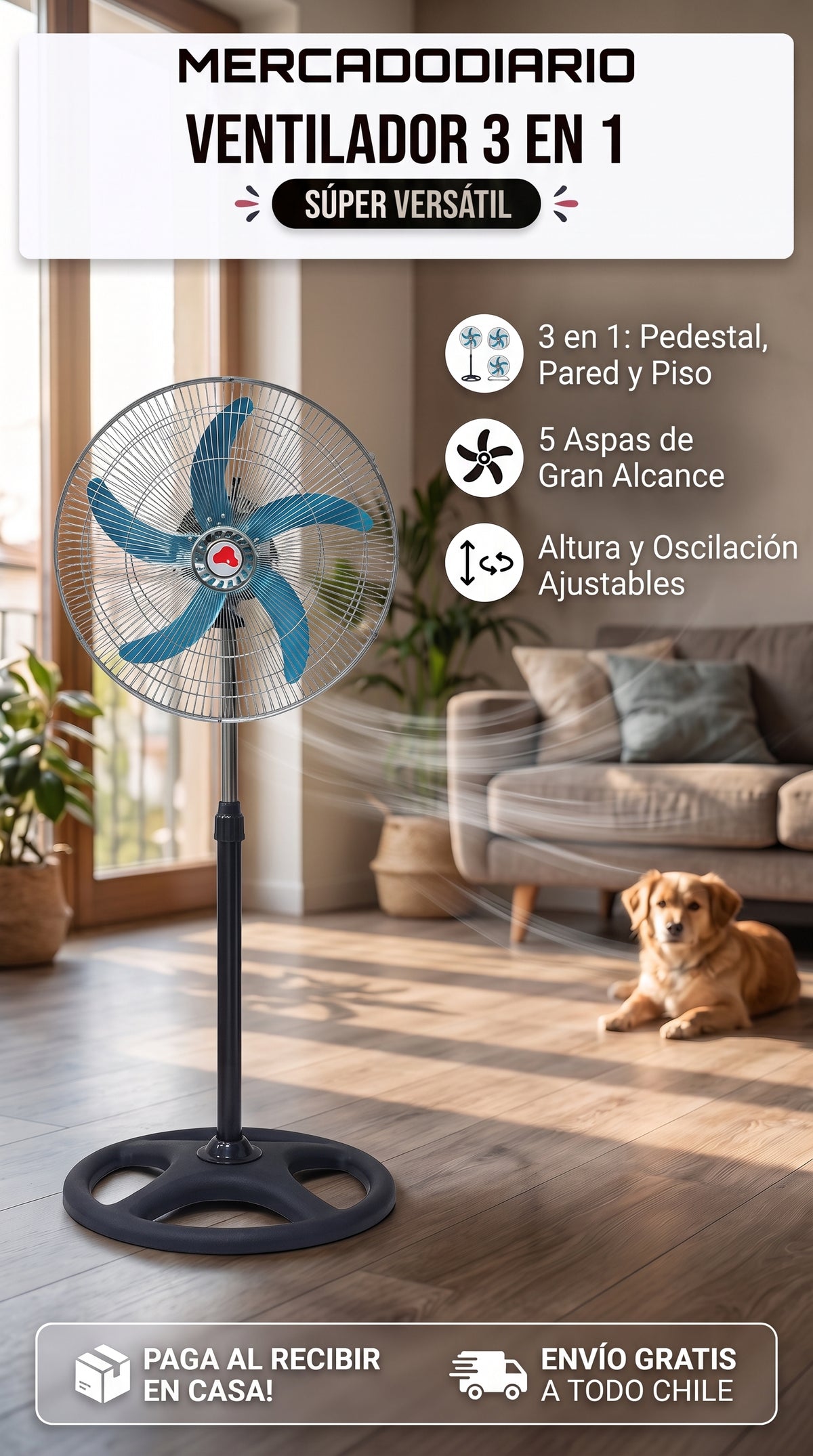 Ventilador metálico 3 en 1 pedestal, pared y piso