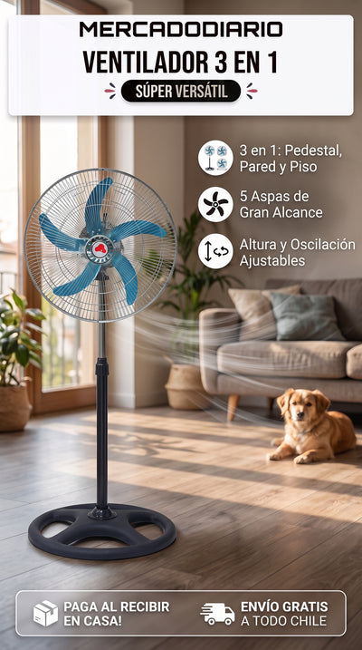 Ventilador Metálico Multifuncional 3 en 1 (Pedestal, Mesa y Pared)
