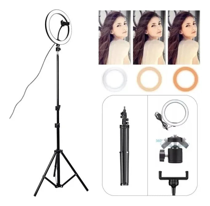 Aro de Luz LED 26 cm con Trípode Ajustable 2.1 M + Soporte para Celular